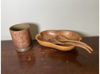 Monkey Pod Hand Carved Bowl With Serving Spook And Fork