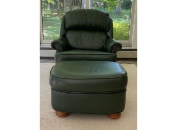 Green Leather Club Chair  With Ottoman With Nail Heads