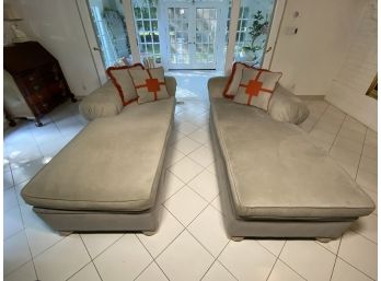 Pair Of Grey Upholstered Chaise Lounge Chairs With Coordinating Throw Pillows