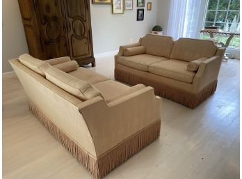 Pair Of Vintage Silk Sofas With Bullion Fringe Trim