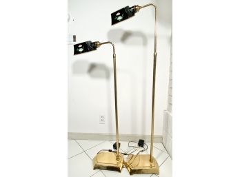 Pair Of Brass Floor Lamps With Painted Metal Shades With Floral Design