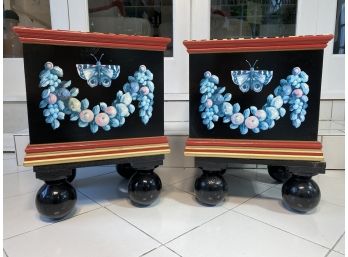 Pair Of Hand Painted Wood Planters On Stands