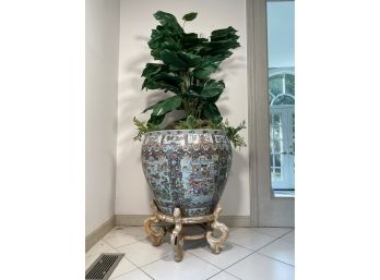 Large Oriental Porcelain 21' Bowl Planter With Stand And Faux Plants