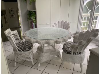 Vintage White Wicker Glass Top Table And 3 Chairs