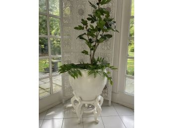 Grand White Ceramic Planter On White Wood Stand With Faux Fig Tree And Ferns