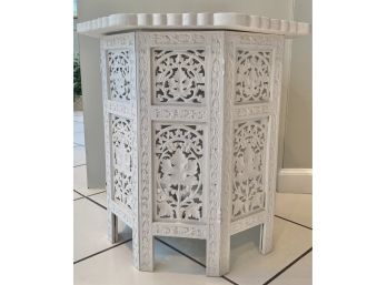 Round White Hand Carved Indian Wooden Side Table