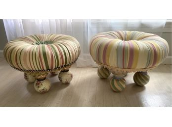 Pair Of Mackenzie Childs Tufted Round Poof Ottomans