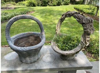 Pair Of Charming Cast Cement Basket Planters