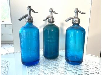 Trio Of Vintage Blue Seltzer Bottles