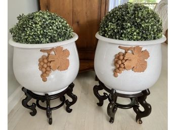 Pair Of Faux Boxwood In White Ceramic Planter On Black Stand