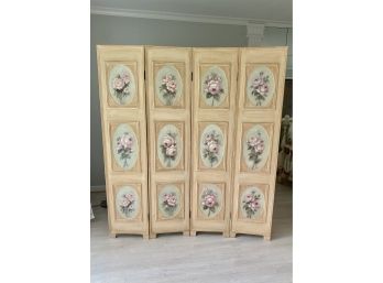 Wood Panel Room Screen With Hand Painted Floral Motif