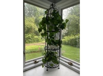 Three Tier Black Wrought Iron Plant Stand With Faux Ivy In Ceramic Pots