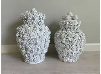 Pair Of White Ceramic Decor With Ceramic Flowers