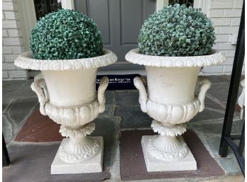 Pair Painted Metal Urns With Faux Boxwoods