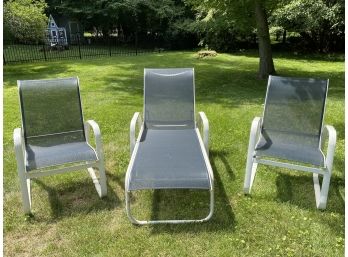 White Metal And Navy Mesh Chaise Lounge & Pair Of  Armchairs