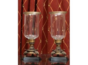 Pair Of Brass Footed Glass Hurricane Candleholders, Original Retail $300