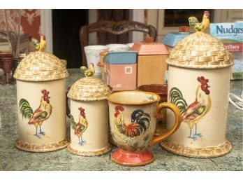 Trio Of Rooster Cannisters & Mug