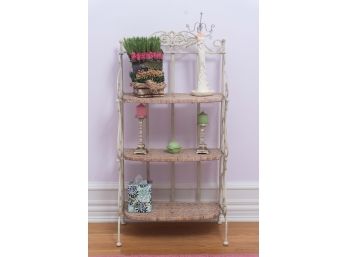 Scrolled Iron & Rattan Shelves With Decorative Assortment