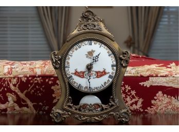 French Le Mesure Du Temps Porcelain & Pewter Mantel Clock, Original Retail $1,500