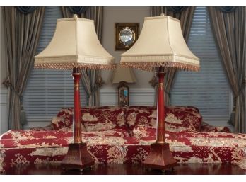 Pair Of Red Lacquer Lamps, Original Retail $350