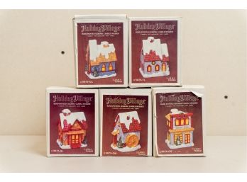 Collection Of Five Holiday Village Ceramic Candle Holders