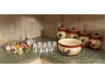 Collection Of Salt & Pepper Shakers, Rooster Themed Cannisters & More