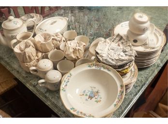 Tea Set & Dinnerware With Quaint Folk Art Pattern