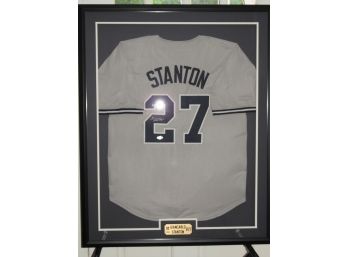 Signed Framed NY Yankees Superstar Giancarlo Stanton Baseball Jersey With COA 42 X 34