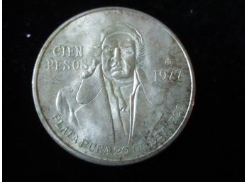 Mexico 1977 Silver Cien (100) Pesos Coin, Silver Dollar Size