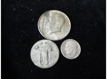 3 U.S. Silver Coins, Kennedy Half, Standing Liberty Quarter, Dime