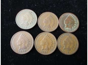 U.S. 1902, 04, 05, 06,07,08 Indian Head Pennies