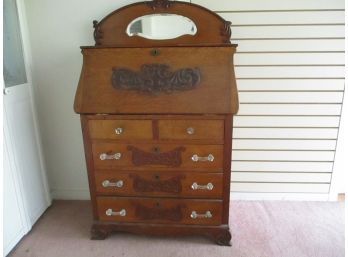 Antique Oak Secretary Carved Desk With 5 Drawers