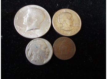 U.S. 4 Coin Group, Indian Head Penny, Buffalo Nickel, Kennedy Half, Susan B Dollar