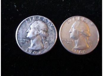 U.S. 2 Washington Silver Quarters, 1963 P, 1964 P