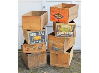 Eight Vintage Wooden Fruit Crates With HeggBlade-Marguleas, Diamond Brand Pears, Snow Crest. LOT#1