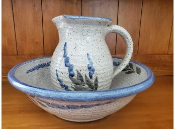 Nice Signed Salt Glazed Pottery Handmade Pitcher And Bowl