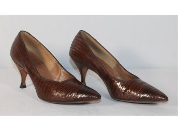 Smart And Elegant Pair Of Brown Lizard Kitten Heel Pumps  Size 6B