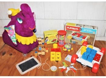 Vintage Toy Lot With Pet Toy Elephant On Wheels, Playskool Wagon Of Blocks, And More