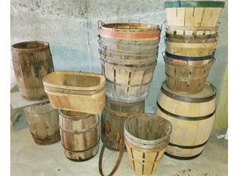 Vintage Assortment Of Whiskey, Wine & Bushel Barrels & Baskets