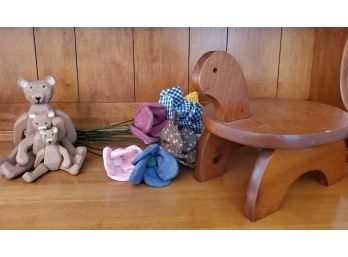 Cute Assortment Of Wood Jointed Teddy Trio Of Teddy Bears, Wood Turtle Footstool & Fabric Flowers