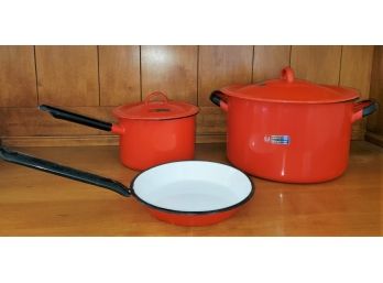 Never Used Vintage Bright Red & Black Universal Made In Poland Enamelware Cookware