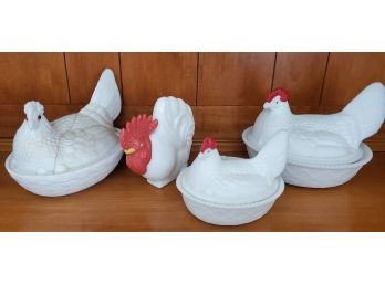 Vintage Milk Glass Chicken Two Piece Covered Dishes & Avon Rooster Bottle