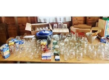 Huge Log Of Assorted Glass Caning Jars, Lids, Wax, Enamelware Stock Pot & More