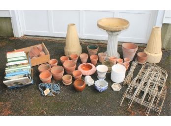 Flower Pots, Urns, Bird Baths, Box Of Gardening Books And More