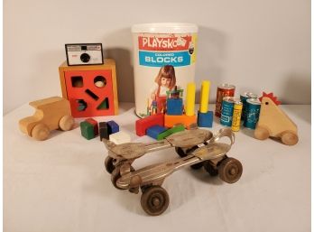 Vintage Toys - 1972 Playskool Colored Blocks, Wood Sorting Toy, Coins Banks, Roller Skates & More