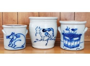 Three Reproduction Salt Glaze Cobalt Pottery Crocks - Two From Salmon Falls Stoneware