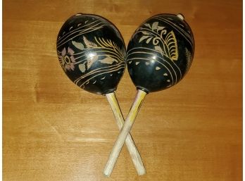 Pair Of Vintage Hand Carved & Painted Gourd Maracas