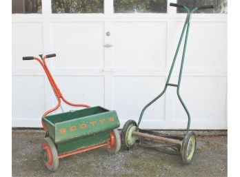 Group With Antique O.M. Scott & Sons Spreader Model# 35-8 And American Model N, Lawn Mower