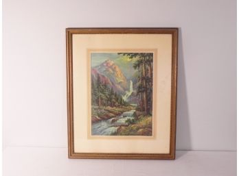 Vintage Framed WM Thompson Cabin Lithograph Print- Landscape, Moon & Waterfall