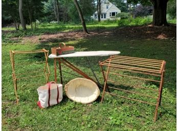 Vintage Ironing Board, Wood Drying Racks, Clothes Pins, Wicker Basket & LL Bean Canvas Boat &  Tote